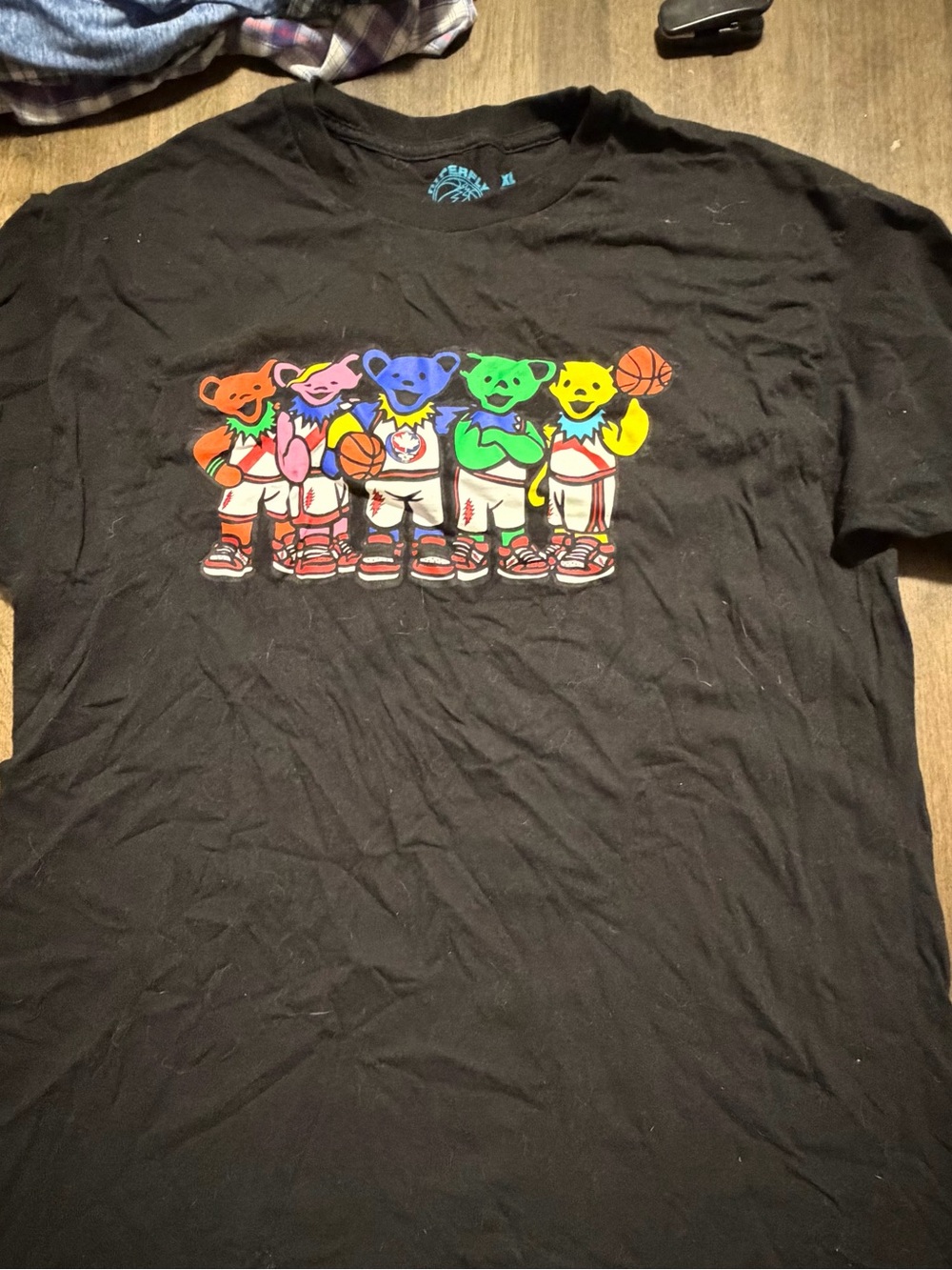 Grateful Dead Black Tee with Rainbow Dancing Bears Basketball Graphic
